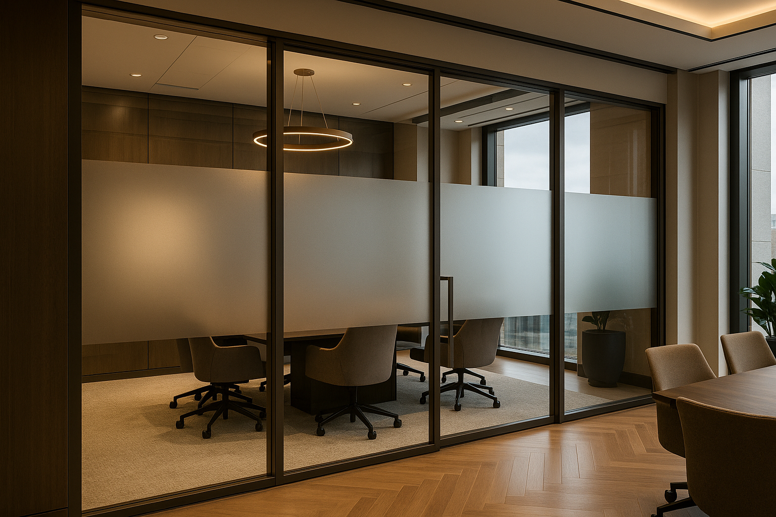 Modern Vancouver office conference room with frosted window films on glass partitions. Custom window graphics provide privacy and branding, designed by Amber Sign & Design, a professional sign company in Vancouver