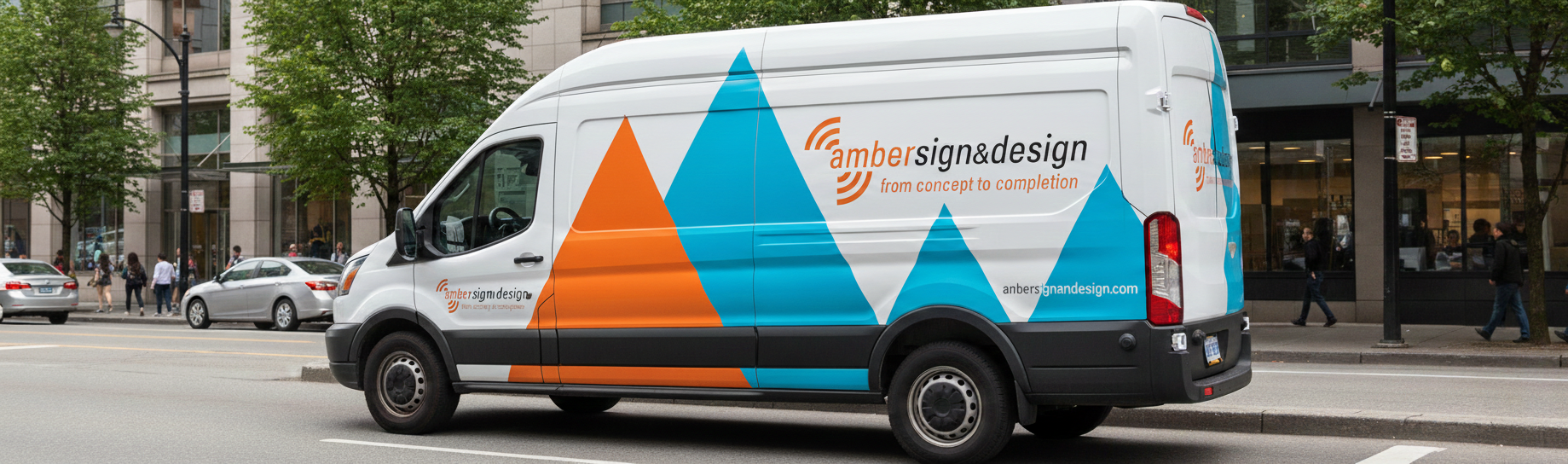 Branded service van in Vancouver featuring a full vehicle wrap with bold graphics, logo, and details for professional vehicle graphics services.