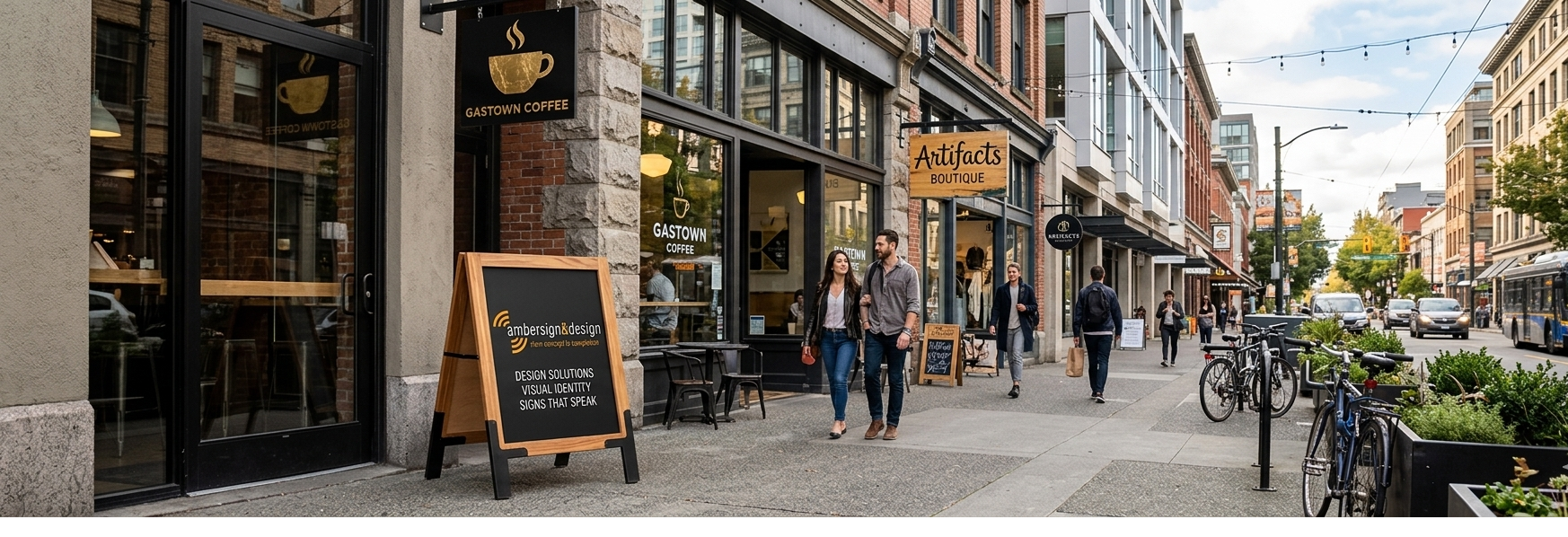 Sandwich boards Vancouver outside a storefront attracting pedestrian customers.