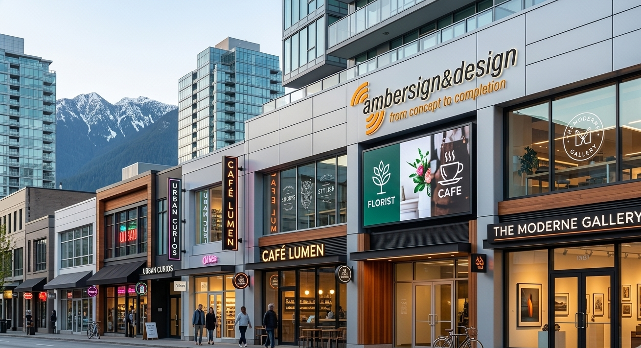 Custom signs Vancouver on illuminated storefronts in a modern street scene.