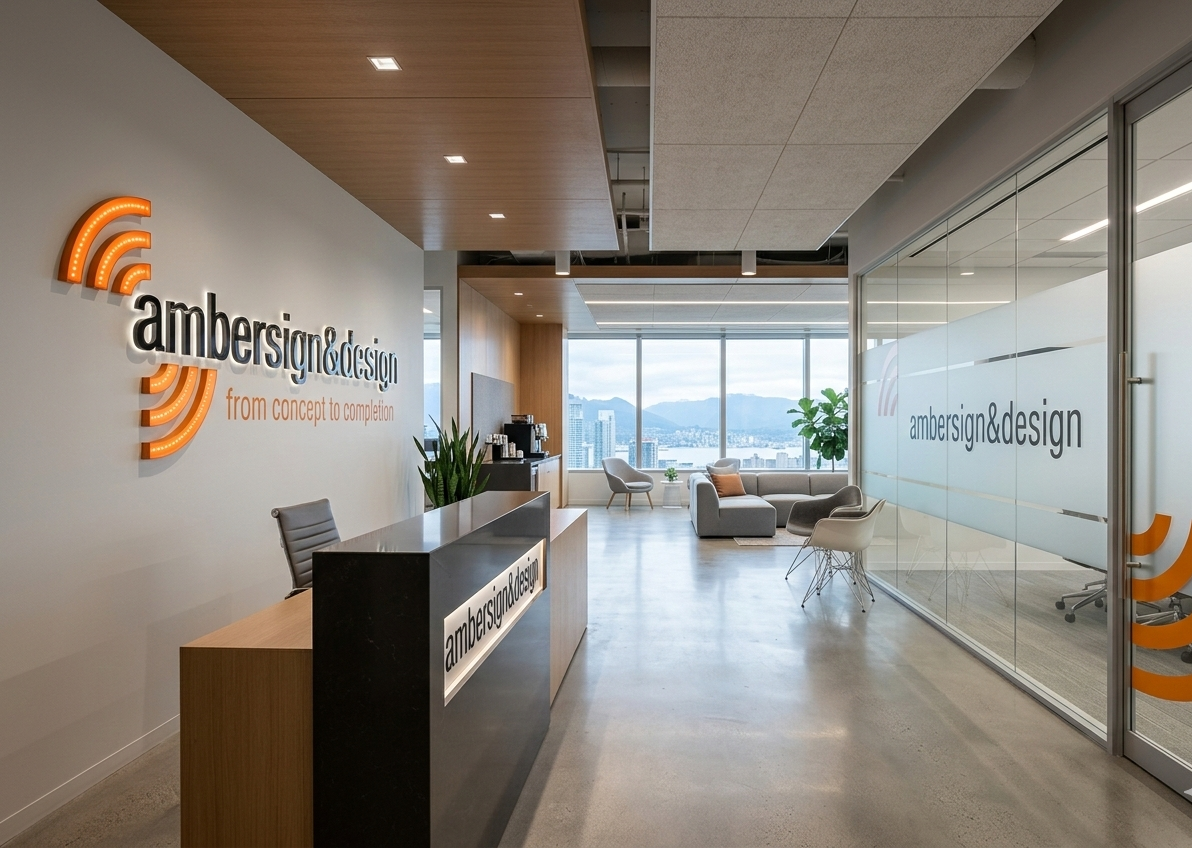 Interior sign Vancouver with modern 3D lobby logo and branded reception area