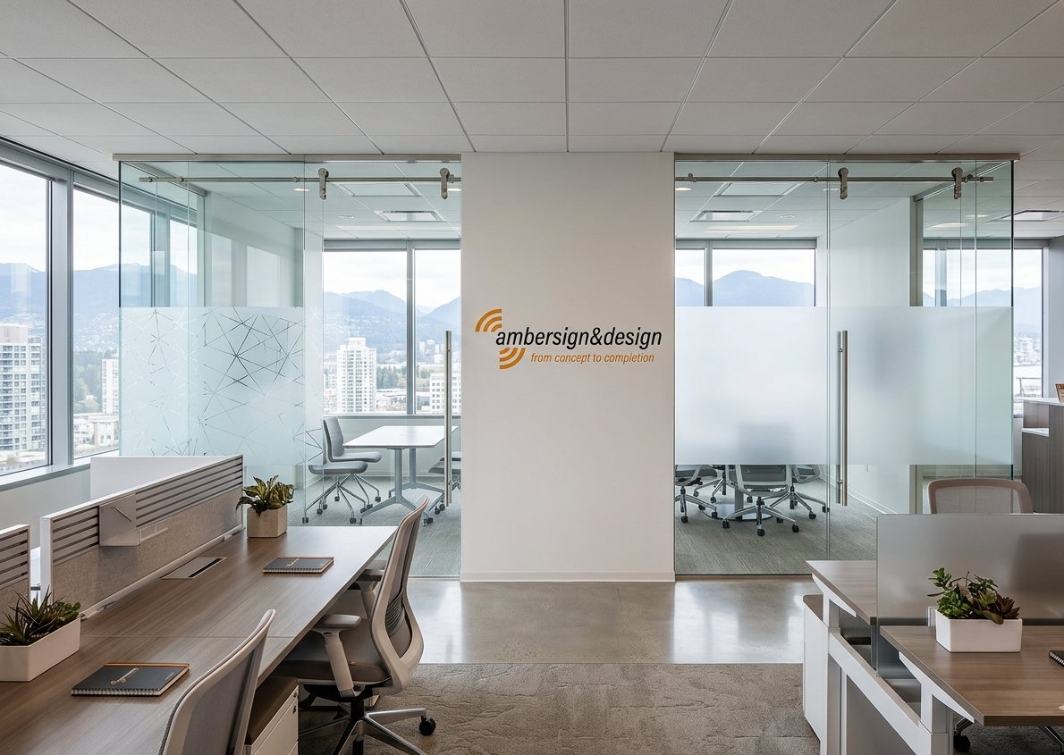 Signage Company Vancouver office with frosted film and etched glass privacy partitions.