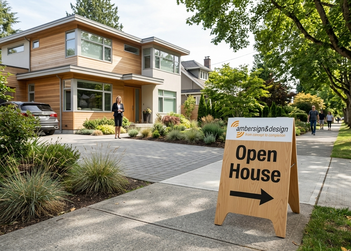 Sandwich boards Vancouver open house sign on sidewalk guiding buyers to a residential property