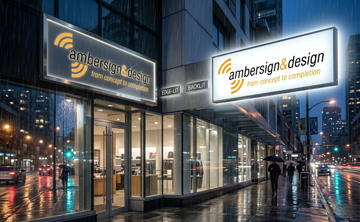 LED illuminated lightboxes Vancouver storefront with edge-lit and backlit business signs.