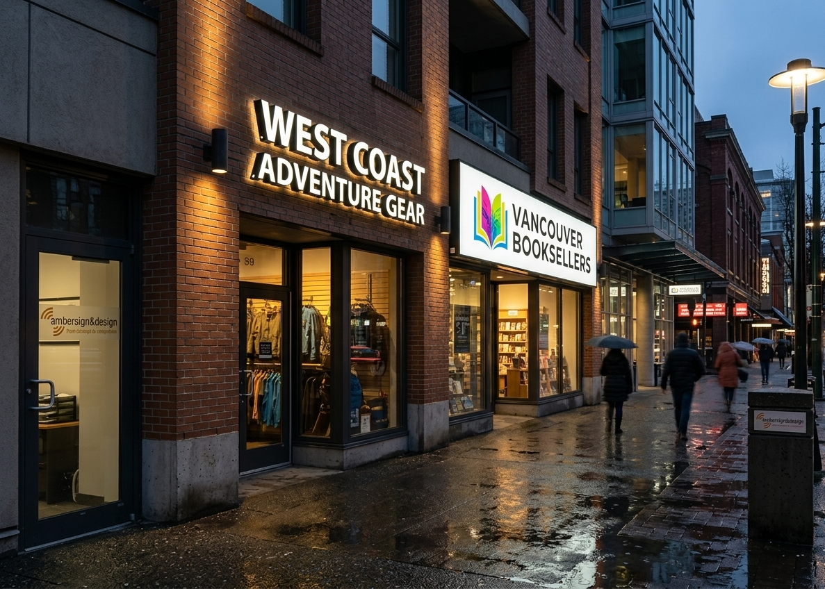 Modern Vancouver storefront featuring illuminated channel letter signs and lightbox signs Vancouver