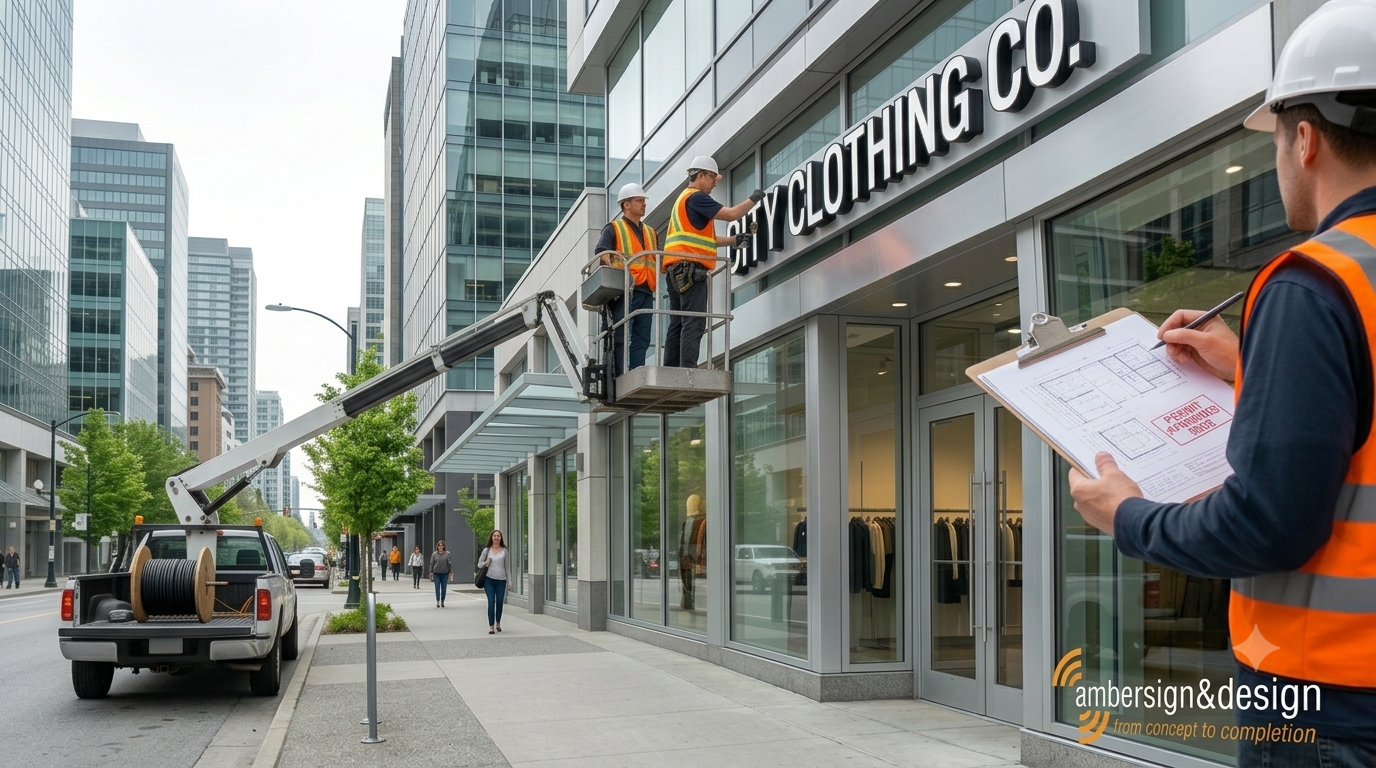 City building inspector reviewing a signage permit clipboard while workers install an illuminated storefront sign on a Vancouver commercial building