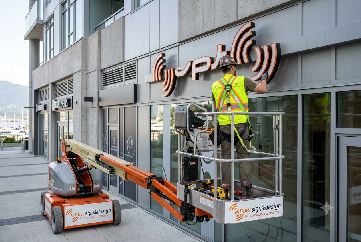 Sign Company Vancouver installing custom storefront signage
