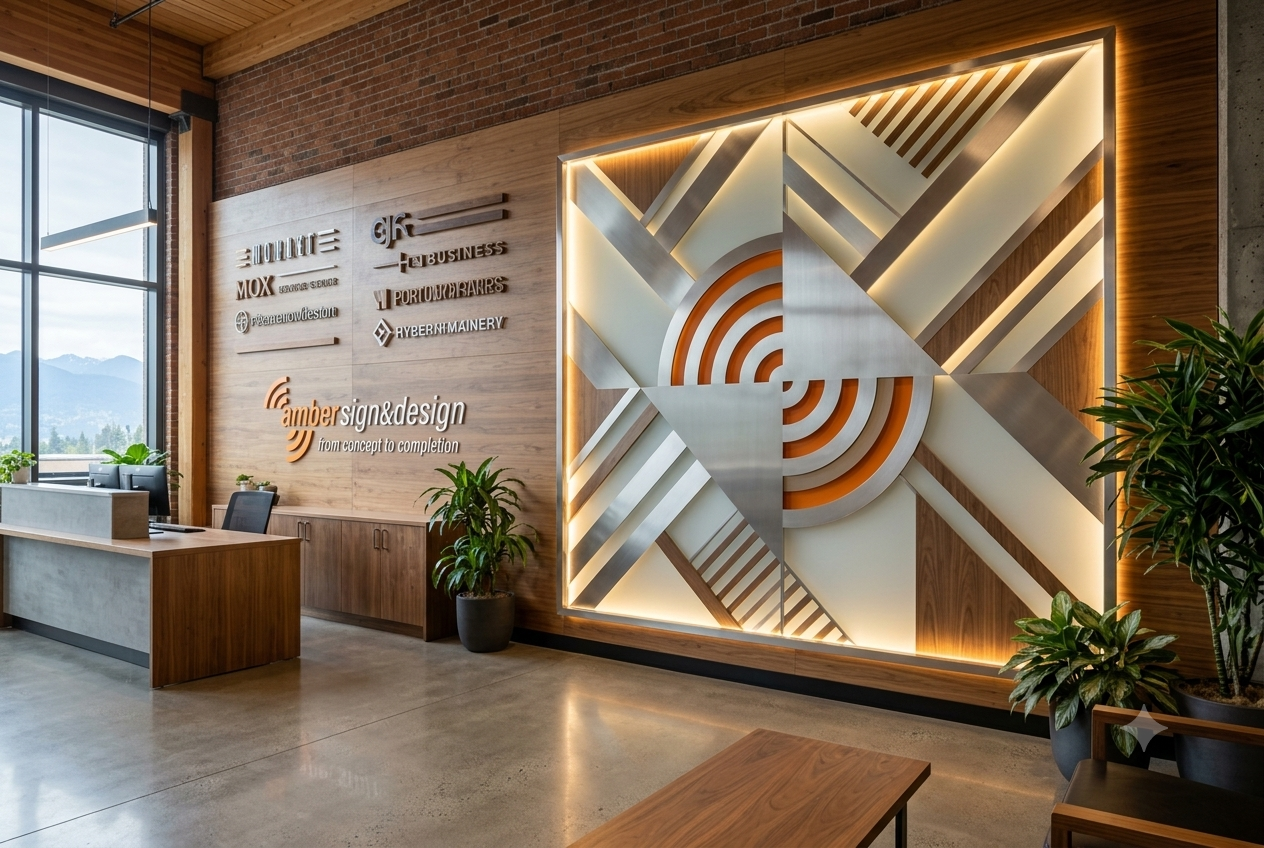 Custom art installation and business signage in a Vancouver commercial space