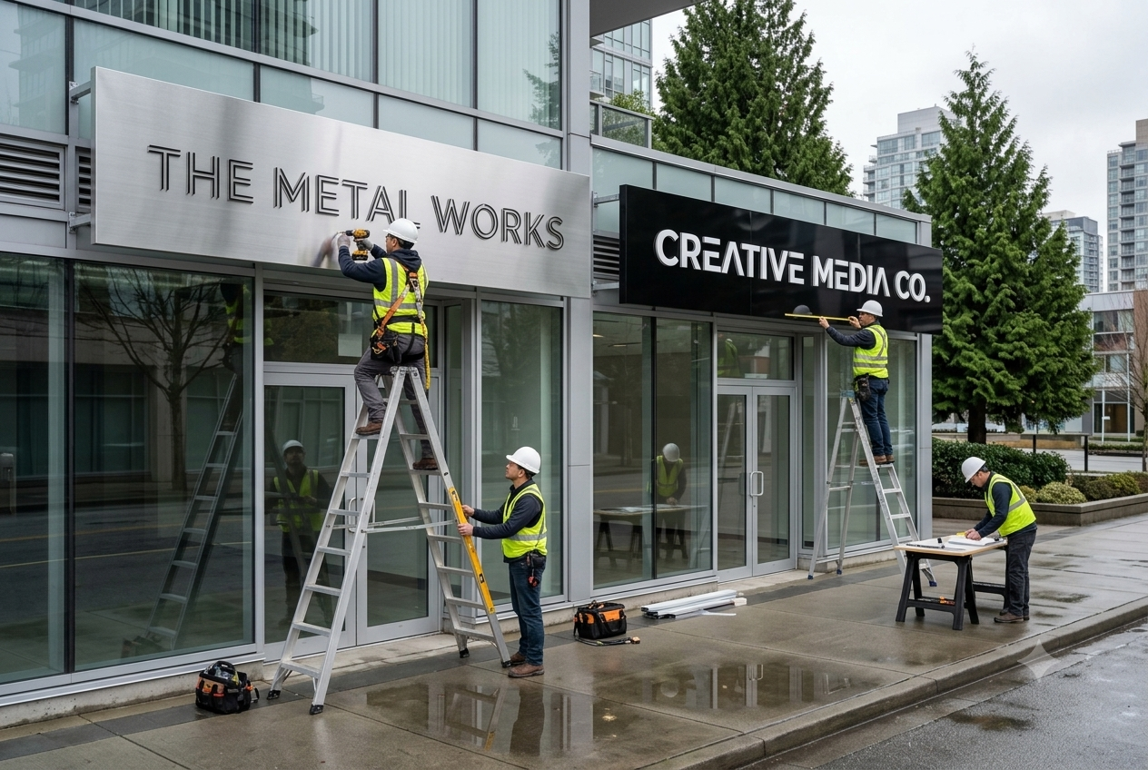 Sign Company Vancouver installing metal and acrylic business signs